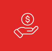 white icon of hand holding coin on red background